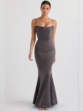 House Of CB Violette shadow Grey satin fishtail gown Mermaid Maxi Dress S NWT